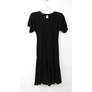 Vtg 80's Minimalist Champagne West Black Ribbed Fit Flare Black Dress SZ M
